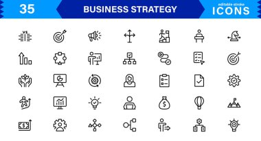 Profesyonel İş Stratejisi Simgesi: Planlama, Analiz, Hedefler, Yenilik ve Temiz Minimum Vektör Biçiminde Büyüme