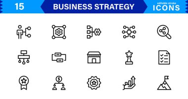Profesyonel İş Stratejisi Simgesi: Planlama, Analiz, Hedefler, Yenilik ve Temiz Minimum Vektör Biçiminde Büyüme