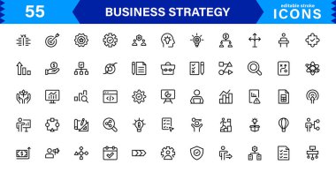 Profesyonel İş Stratejisi Simgesi: Planlama, Analiz, Hedefler, Yenilik ve Temiz Minimum Vektör Biçiminde Büyüme