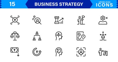 Profesyonel İş Stratejisi Simgesi: Planlama, Analiz, Hedefler, Yenilik ve Temiz Minimum Vektör Biçiminde Büyüme