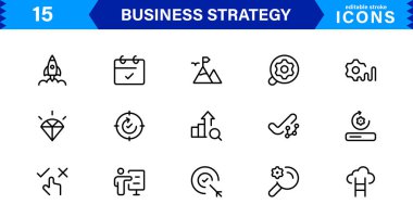 Profesyonel İş Stratejisi Simgesi: Planlama, Analiz, Hedefler, Yenilik ve Temiz Minimum Vektör Biçiminde Büyüme