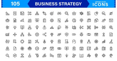 Profesyonel İş Stratejisi Simgesi: Planlama, Analiz, Hedefler, Yenilik ve Temiz Minimum Vektör Biçiminde Büyüme