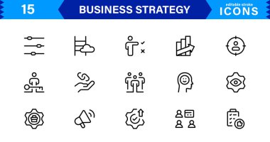 Profesyonel İş Stratejisi Simgesi: Planlama, Analiz, Hedefler, Yenilik ve Temiz Minimum Vektör Biçiminde Büyüme