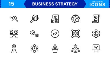 Profesyonel İş Stratejisi Simgesi: Planlama, Analiz, Hedefler, Yenilik ve Temiz Minimum Vektör Biçiminde Büyüme