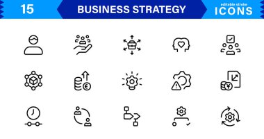 Profesyonel İş Stratejisi Simgesi: Planlama, Analiz, Hedefler, Yenilik ve Temiz Minimum Vektör Biçiminde Büyüme