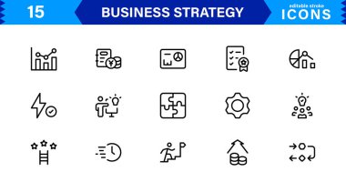 Profesyonel İş Stratejisi Simgesi: Planlama, Analiz, Hedefler, Yenilik ve Temiz Minimum Vektör Biçiminde Büyüme