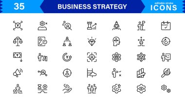 Profesyonel İş Stratejisi Simgesi: Planlama, Analiz, Hedefler, Yenilik ve Temiz Minimum Vektör Biçiminde Büyüme
