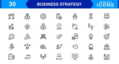 Profesyonel İş Stratejisi Simgesi: Planlama, Analiz, Hedefler, Yenilik ve Temiz Minimum Vektör Biçiminde Büyüme