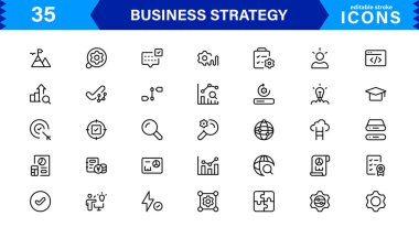 Profesyonel İş Stratejisi Simgesi: Planlama, Analiz, Hedefler, Yenilik ve Temiz Minimum Vektör Biçiminde Büyüme