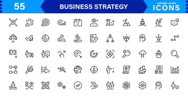 Profesyonel İş Stratejisi Simgesi: Planlama, Analiz, Hedefler, Yenilik ve Temiz Minimum Vektör Biçiminde Büyüme