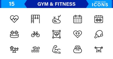 Modern Jimnastik ve Spor Simgeleri Dambıllar, Kaslar, Rutinler, Vücut Geliştirme ve Aktif Yaşam Tarzını SEO Optimize Edilmiş Vektör Biçiminde Gösteriyor