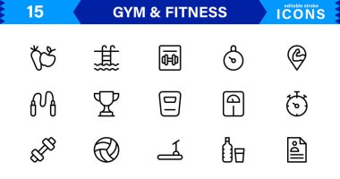 Modern Jimnastik ve Spor Simgeleri Dambıllar, Kaslar, Rutinler, Vücut Geliştirme ve Aktif Yaşam Tarzını SEO Optimize Edilmiş Vektör Biçiminde Gösteriyor