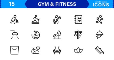 Modern Jimnastik ve Spor Simgeleri Dambıllar, Kaslar, Rutinler, Vücut Geliştirme ve Aktif Yaşam Tarzını SEO Optimize Edilmiş Vektör Biçiminde Gösteriyor