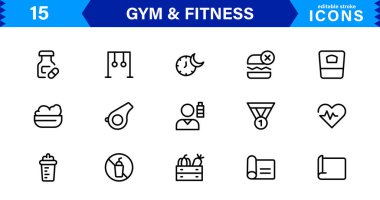 Modern Jimnastik ve Spor Simgeleri Dambıllar, Kaslar, Rutinler, Vücut Geliştirme ve Aktif Yaşam Tarzını SEO Optimize Edilmiş Vektör Biçiminde Gösteriyor