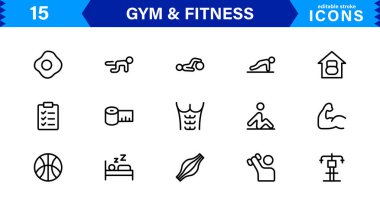 Modern Jimnastik ve Spor Simgeleri Dambıllar, Kaslar, Rutinler, Vücut Geliştirme ve Aktif Yaşam Tarzını SEO Optimize Edilmiş Vektör Biçiminde Gösteriyor