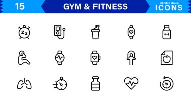 Modern Jimnastik ve Spor Simgeleri Dambıllar, Kaslar, Rutinler, Vücut Geliştirme ve Aktif Yaşam Tarzını SEO Optimize Edilmiş Vektör Biçiminde Gösteriyor