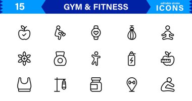 Modern Jimnastik ve Spor Simgeleri Dambıllar, Kaslar, Rutinler, Vücut Geliştirme ve Aktif Yaşam Tarzını SEO Optimize Edilmiş Vektör Biçiminde Gösteriyor