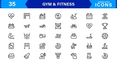 Modern Jimnastik ve Spor Simgeleri Dambıllar, Kaslar, Rutinler, Vücut Geliştirme ve Aktif Yaşam Tarzını SEO Optimize Edilmiş Vektör Biçiminde Gösteriyor