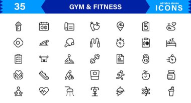 Modern Jimnastik ve Spor Simgeleri Dambıllar, Kaslar, Rutinler, Vücut Geliştirme ve Aktif Yaşam Tarzını SEO Optimize Edilmiş Vektör Biçiminde Gösteriyor