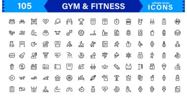 Modern Jimnastik ve Spor Simgeleri Dambıllar, Kaslar, Rutinler, Vücut Geliştirme ve Aktif Yaşam Tarzını SEO Optimize Edilmiş Vektör Biçiminde Gösteriyor