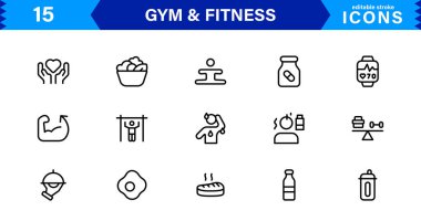 Modern Jimnastik ve Spor Simgeleri Dambıllar, Kaslar, Rutinler, Vücut Geliştirme ve Aktif Yaşam Tarzını SEO Optimize Edilmiş Vektör Biçiminde Gösteriyor