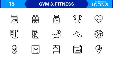 Modern Jimnastik ve Spor Simgeleri Dambıllar, Kaslar, Rutinler, Vücut Geliştirme ve Aktif Yaşam Tarzını SEO Optimize Edilmiş Vektör Biçiminde Gösteriyor