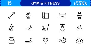 Modern Jimnastik ve Spor Simgeleri Dambıllar, Kaslar, Rutinler, Vücut Geliştirme ve Aktif Yaşam Tarzını SEO Optimize Edilmiş Vektör Biçiminde Gösteriyor