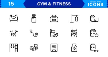 Modern Jimnastik ve Spor Simgeleri Dambıllar, Kaslar, Rutinler, Vücut Geliştirme ve Aktif Yaşam Tarzını SEO Optimize Edilmiş Vektör Biçiminde Gösteriyor