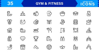 Modern Jimnastik ve Spor Simgeleri Dambıllar, Kaslar, Rutinler, Vücut Geliştirme ve Aktif Yaşam Tarzını SEO Optimize Edilmiş Vektör Biçiminde Gösteriyor