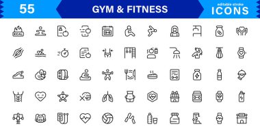 Modern Jimnastik ve Spor Simgeleri Dambıllar, Kaslar, Rutinler, Vücut Geliştirme ve Aktif Yaşam Tarzını SEO Optimize Edilmiş Vektör Biçiminde Gösteriyor