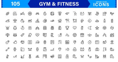 Modern Jimnastik ve Spor Simgeleri Dambıllar, Kaslar, Rutinler, Vücut Geliştirme ve Aktif Yaşam Tarzını SEO Optimize Edilmiş Vektör Biçiminde Gösteriyor