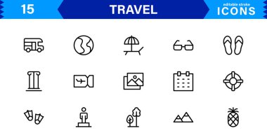 Seyahat Simgesi Ayarları Uçak, Bagaj, Varış, Pasaport ve Seyahat Sembolleri Temiz, Profesyonel Vektör Tasarımı
