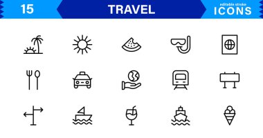 Seyahat Simgesi Ayarları Uçak, Bagaj, Varış, Pasaport ve Seyahat Sembolleri Temiz, Profesyonel Vektör Tasarımı