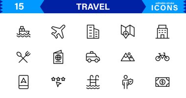 Seyahat Simgesi Ayarları Uçak, Bagaj, Varış, Pasaport ve Seyahat Sembolleri Temiz, Profesyonel Vektör Tasarımı