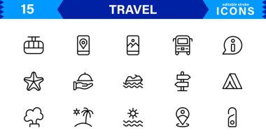 Seyahat Simgesi Ayarları Uçak, Bagaj, Varış, Pasaport ve Seyahat Sembolleri Temiz, Profesyonel Vektör Tasarımı