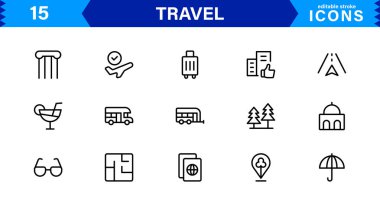 Seyahat Simgesi Ayarları Uçak, Bagaj, Varış, Pasaport ve Seyahat Sembolleri Temiz, Profesyonel Vektör Tasarımı