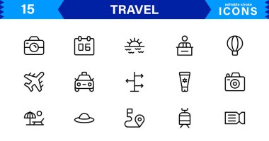 Seyahat Simgesi Ayarları Uçak, Bagaj, Varış, Pasaport ve Seyahat Sembolleri Temiz, Profesyonel Vektör Tasarımı