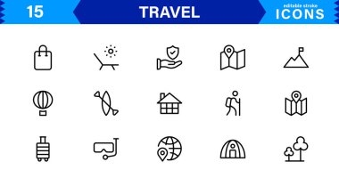 Seyahat Simgesi Ayarları Uçak, Bagaj, Varış, Pasaport ve Seyahat Sembolleri Temiz, Profesyonel Vektör Tasarımı
