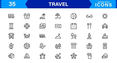 Seyahat Simgesi Ayarları Uçak, Bagaj, Varış, Pasaport ve Seyahat Sembolleri Temiz, Profesyonel Vektör Tasarımı