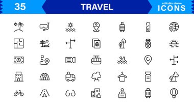 Seyahat Simgesi Ayarları Uçak, Bagaj, Varış, Pasaport ve Seyahat Sembolleri Temiz, Profesyonel Vektör Tasarımı