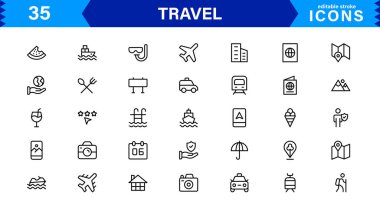 Seyahat Simgesi Ayarları Uçak, Bagaj, Varış, Pasaport ve Seyahat Sembolleri Temiz, Profesyonel Vektör Tasarımı