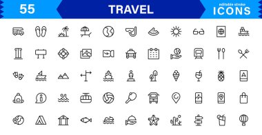 Seyahat Simgesi Ayarları Uçak, Bagaj, Varış, Pasaport ve Seyahat Sembolleri Temiz, Profesyonel Vektör Tasarımı