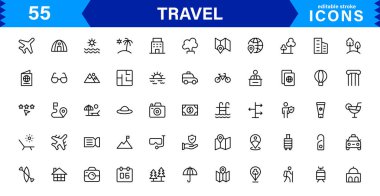 Seyahat Simgesi Ayarları Uçak, Bagaj, Varış, Pasaport ve Seyahat Sembolleri Temiz, Profesyonel Vektör Tasarımı