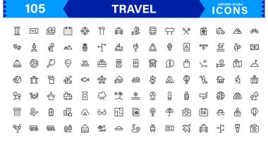 Seyahat Simgesi Ayarları Uçak, Bagaj, Varış, Pasaport ve Seyahat Sembolleri Temiz, Profesyonel Vektör Tasarımı