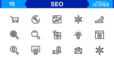 SEO Simge Seti Arama Motorunu İyimserleştirme, Anahtar Sözcükler, Analizler, Sıralama ve Trafik Konseptlerini Temiz, Profesyonel Vektör Biçiminde Ayarla