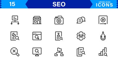 SEO Simge Seti Arama Motorunu İyimserleştirme, Anahtar Sözcükler, Analizler, Sıralama ve Trafik Konseptlerini Temiz, Profesyonel Vektör Biçiminde Ayarla