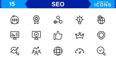 SEO Simge Seti Arama Motorunu İyimserleştirme, Anahtar Sözcükler, Analizler, Sıralama ve Trafik Konseptlerini Temiz, Profesyonel Vektör Biçiminde Ayarla