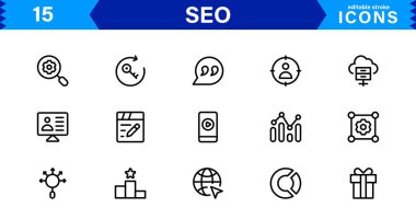 SEO Simge Seti Arama Motorunu İyimserleştirme, Anahtar Sözcükler, Analizler, Sıralama ve Trafik Konseptlerini Temiz, Profesyonel Vektör Biçiminde Ayarla