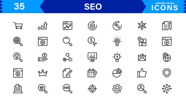 SEO Simge Seti Arama Motorunu İyimserleştirme, Anahtar Sözcükler, Analizler, Sıralama ve Trafik Konseptlerini Temiz, Profesyonel Vektör Biçiminde Ayarla