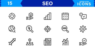 SEO Simge Seti Arama Motorunu İyimserleştirme, Anahtar Sözcükler, Analizler, Sıralama ve Trafik Konseptlerini Temiz, Profesyonel Vektör Biçiminde Ayarla